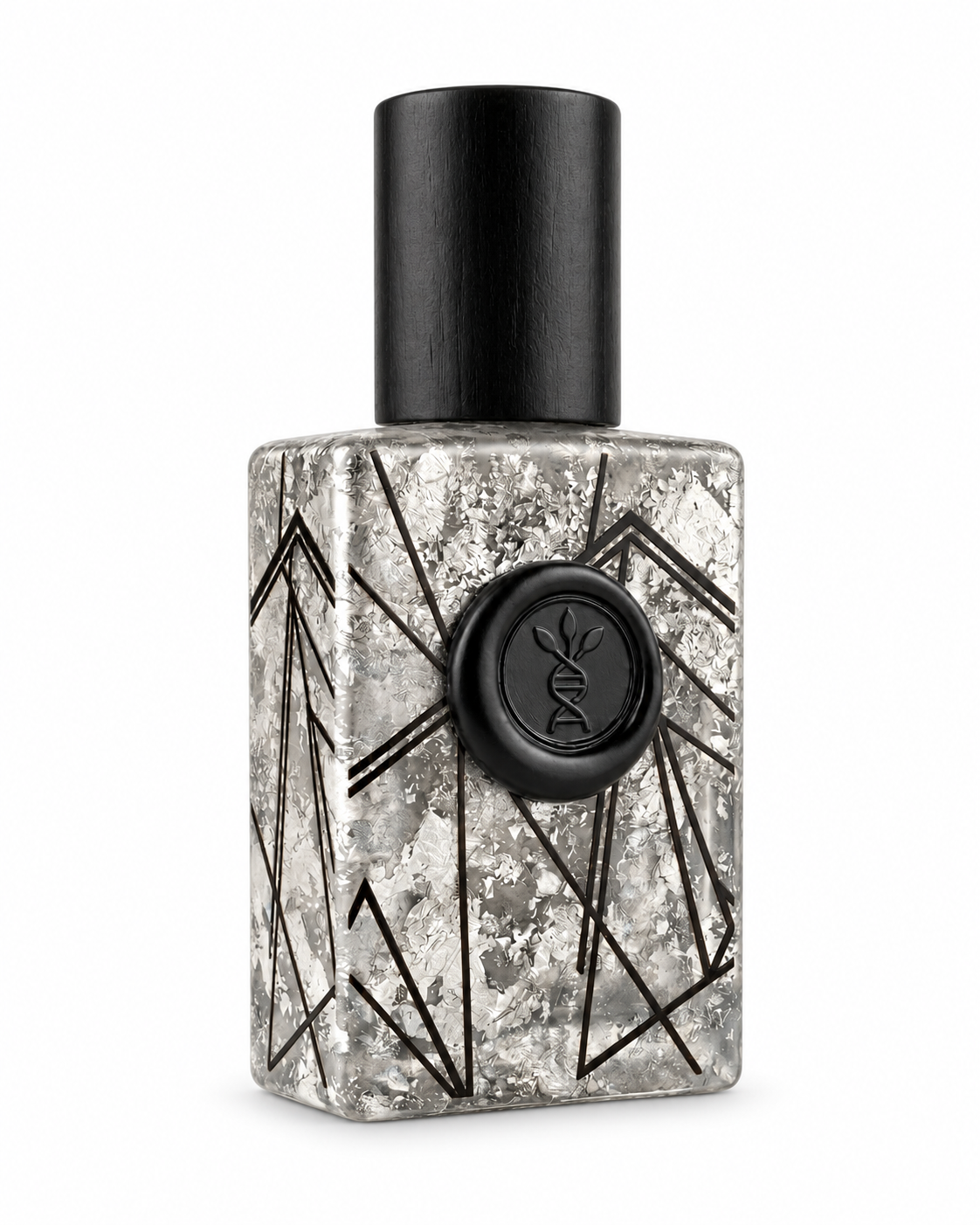 Am Muse eau de parfum by AromaMeta — 30 ml silver-leaf bottle with black cap, angled view