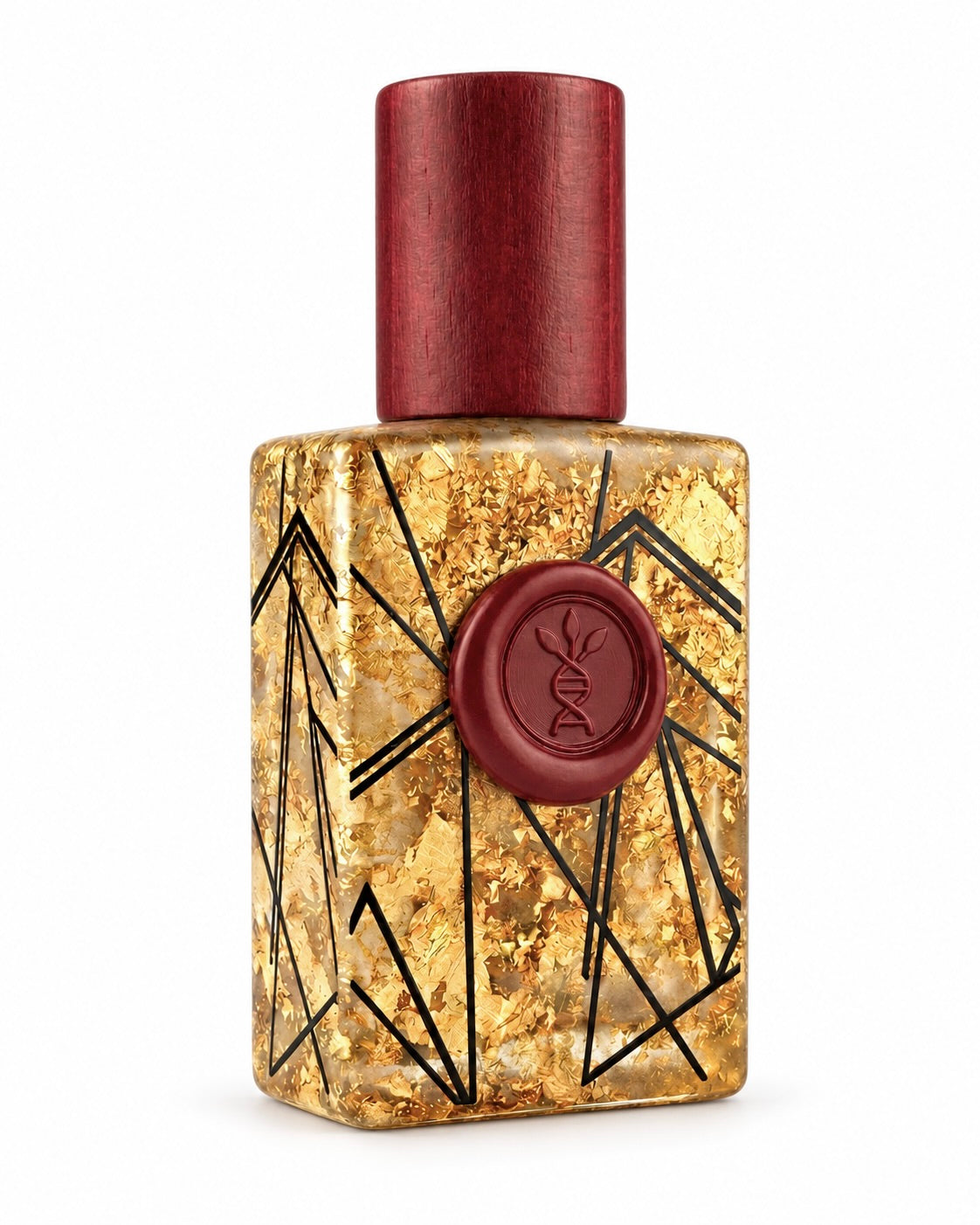 Chocolate Glazed eau de parfum by AromaMeta — 30 ml gold-leaf bottle with red cap, angled view