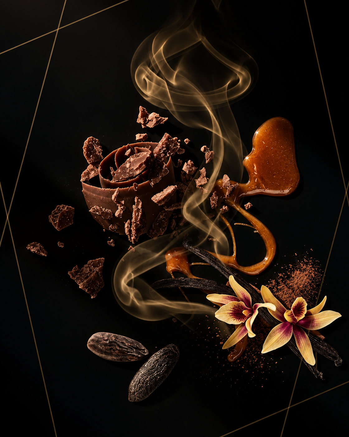 Scent notes of Chocolate Glazed eau de parfum by AromaMeta — chocolate, sweet glaze, caramelised sugar, tonka bean, vanilla, sandalwood