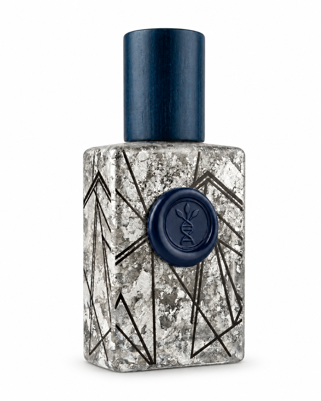 Cotton Air eau de parfum by AromaMeta — 30 ml silver-leaf bottle with navy cap, angled view