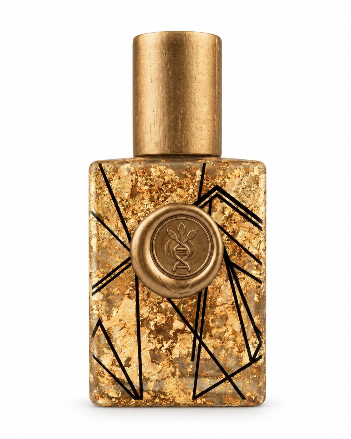 Emerald Shores eau de parfum by AromaMeta — 30 ml gold-leaf bottle with gold cap, angled view
