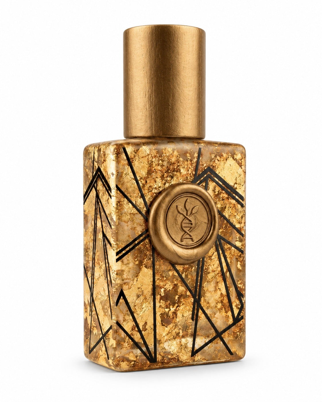 Emerald Shores eau de parfum by AromaMeta — 30 ml gold-leaf bottle with gold cap, front view