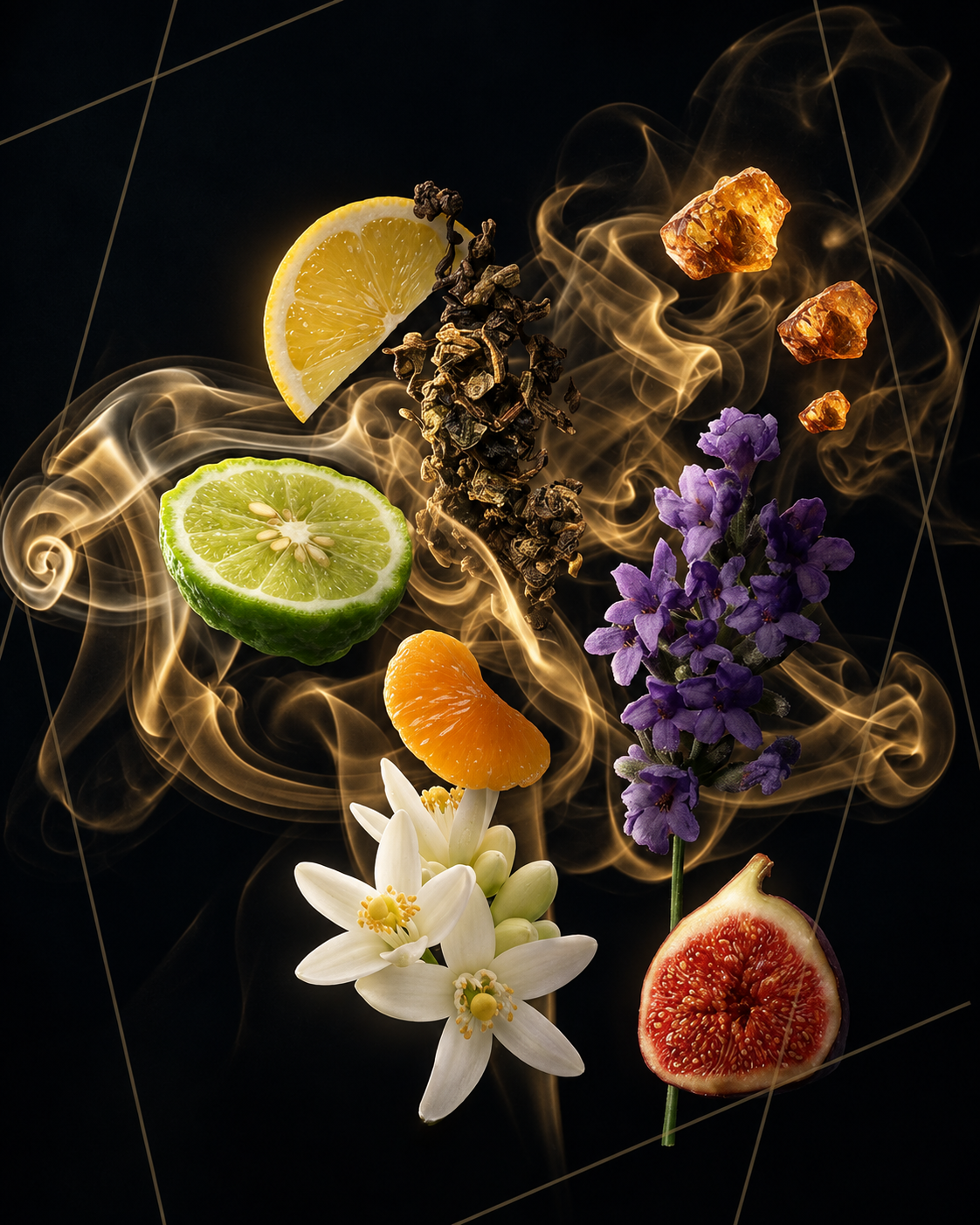 Scent notes of Emerald Shores eau de parfum by AromaMeta — bergamot, mandarin orange, Sicilian lemon, oolong tea, fig, soft amber