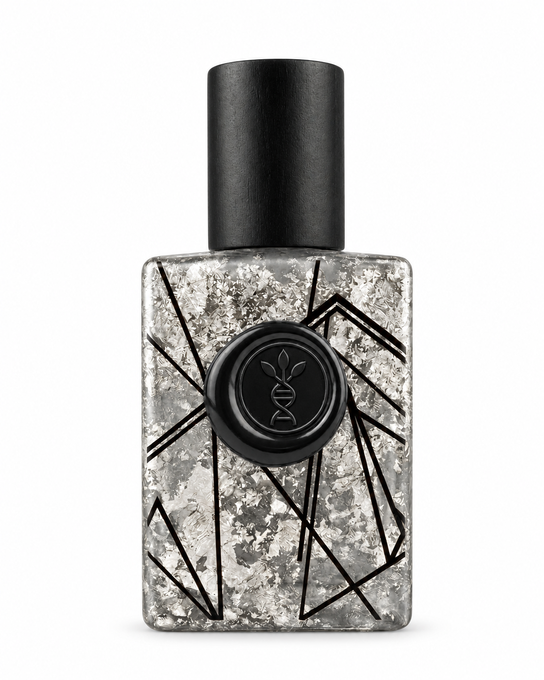 Pristine Glow eau de parfum by AromaMeta — 30 ml silver-leaf bottle with black cap, front view