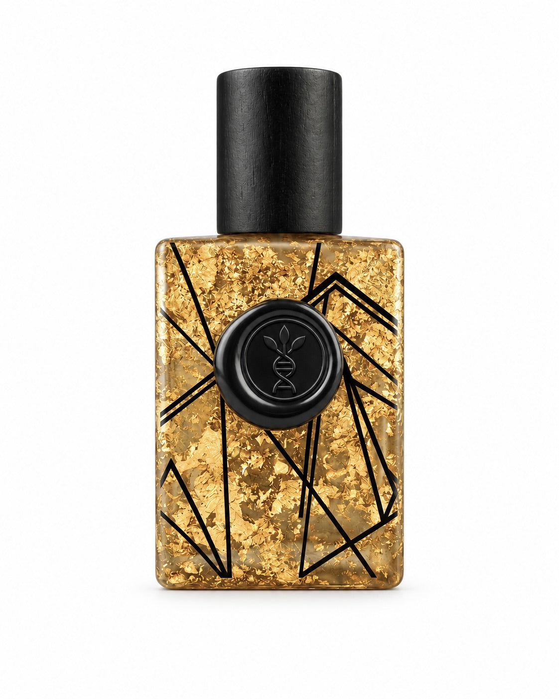 Spirit of Freedom eau de parfum by AromaMeta — 30 ml gold-leaf bottle with black cap, angled view
