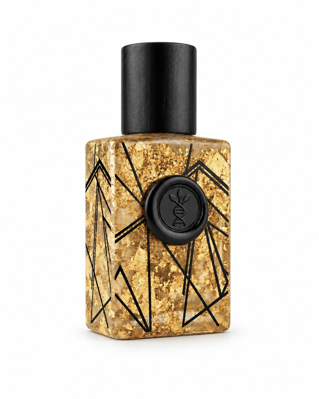 Spirit of Freedom eau de parfum by AromaMeta — 30 ml gold-leaf bottle with black cap, front view