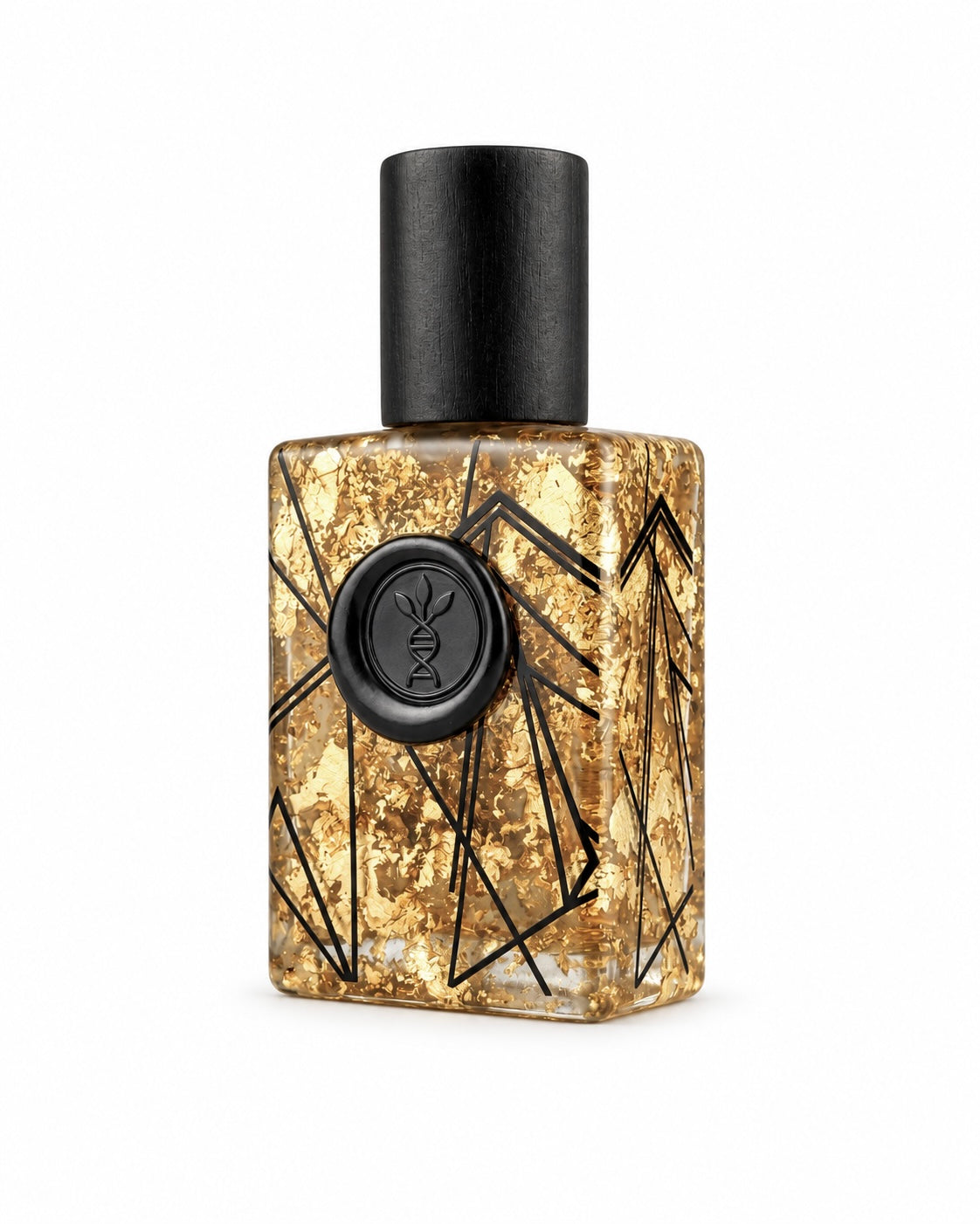 Spirit of Freedom eau de parfum by AromaMeta — 30 ml gold-leaf bottle with black cap, side angle
