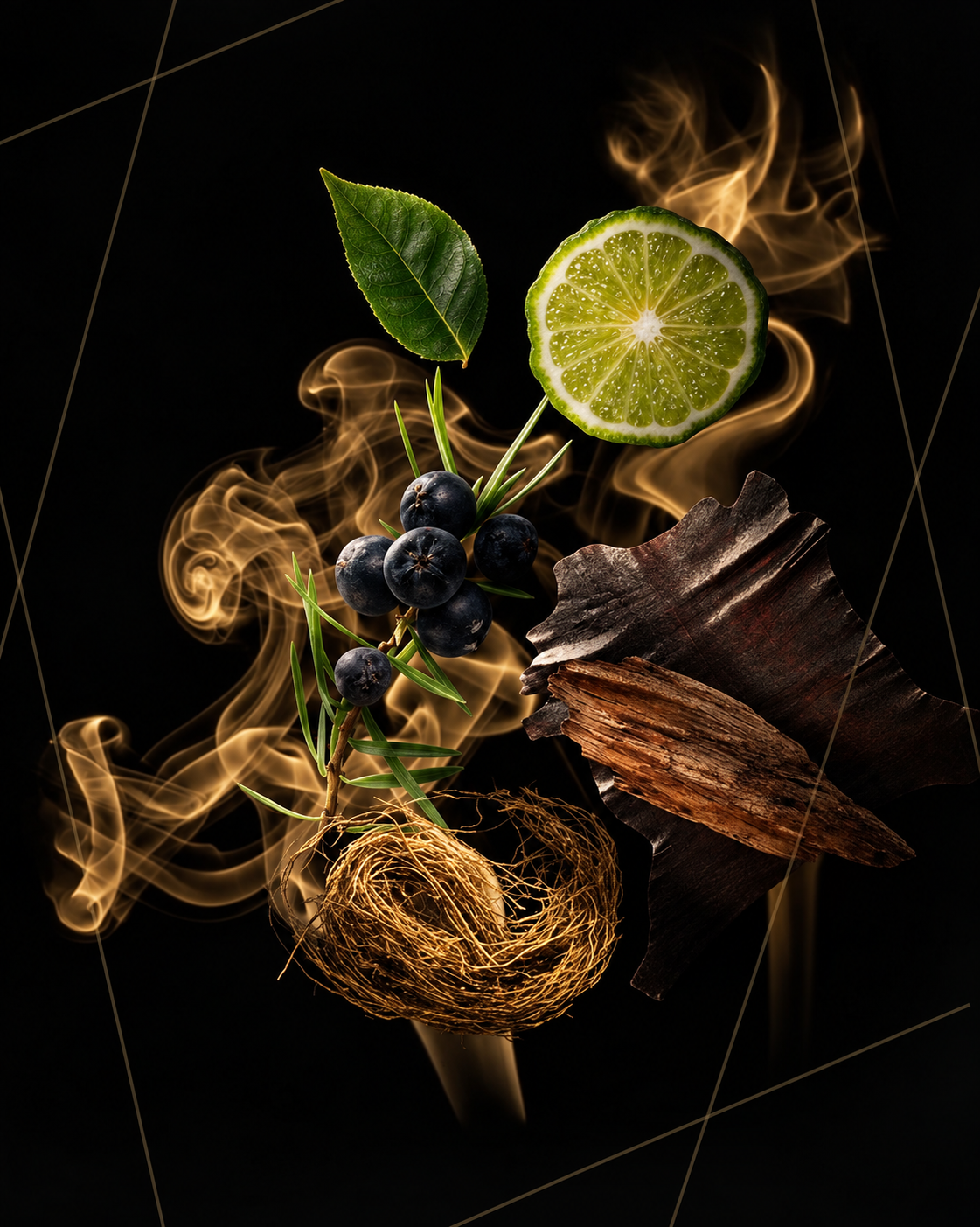 Scent notes of Spirit of Freedom eau de parfum by AromaMeta — lime, ginger, juniper, tea, vetiver, basil, sandalwood, leather