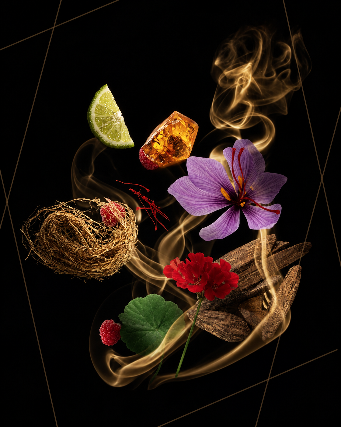 Scent notes of Stellar Flame eau de parfum by AromaMeta — saffron, cardamom, bergamot, lemon, pink pepper, oud, patchouli, incense