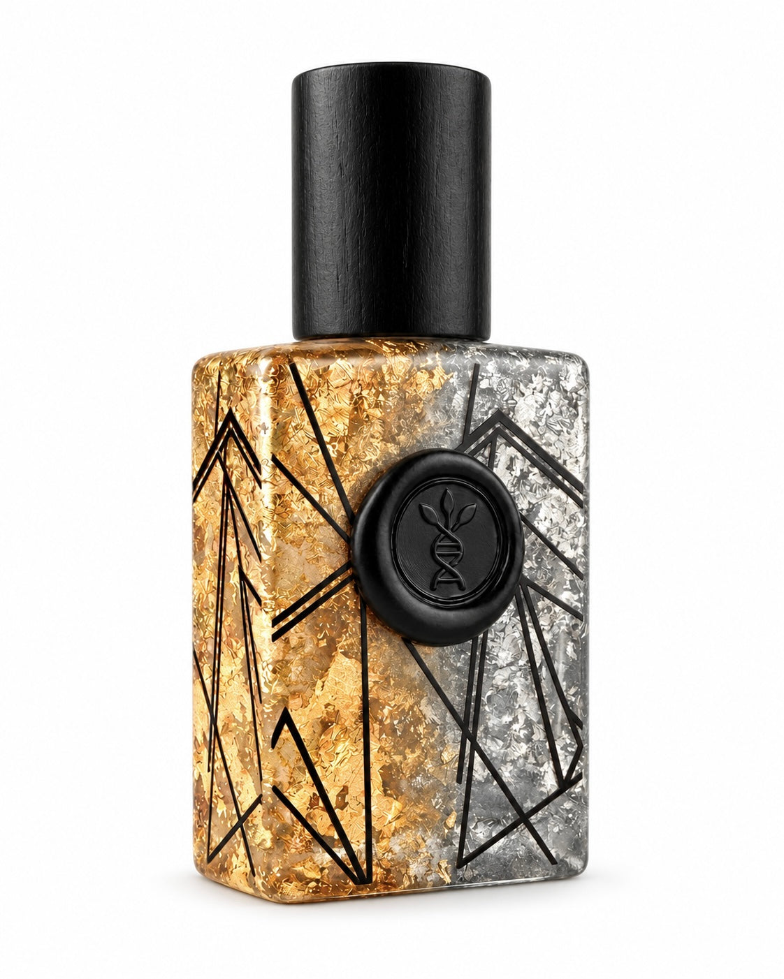 The Scent of Thought eau de parfum by AromaMeta — 30 ml half gold, half silver leaf bottle with black cap, angled view