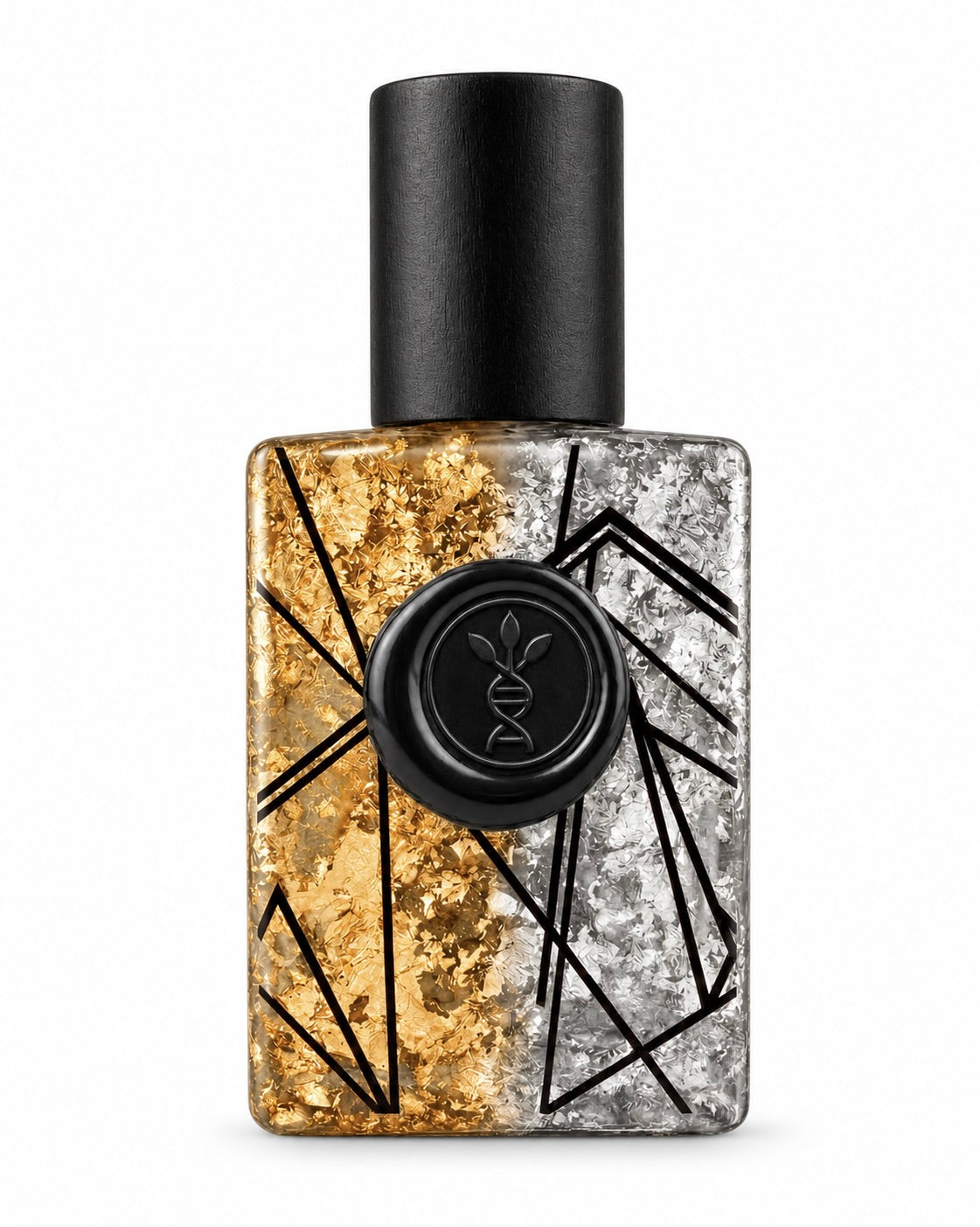The Scent of Thought eau de parfum by AromaMeta — 30 ml half gold, half silver leaf bottle with black cap, front view