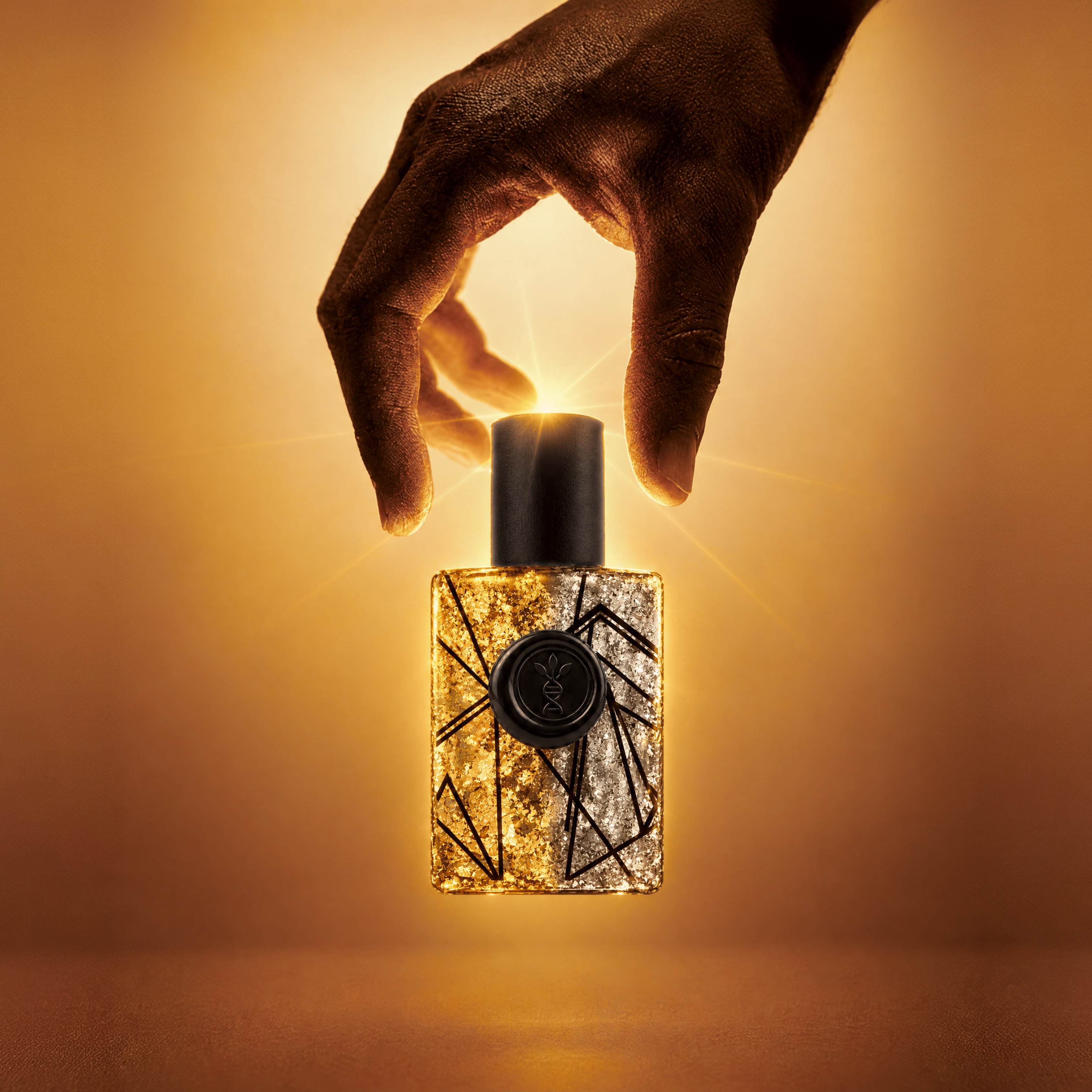 The Scent of Thought eau de parfum by AromaMeta — a hand lifting the gold and silver leaf bottle by its cap in amber light