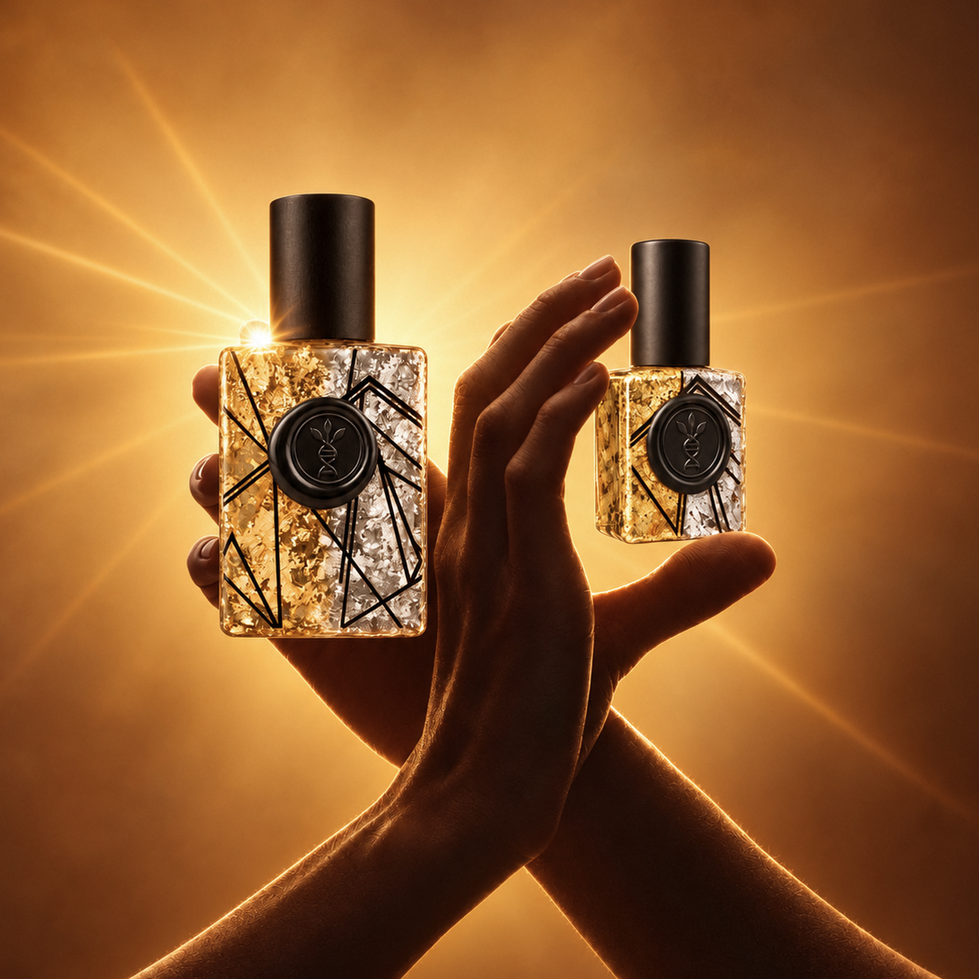 The Scent of Thought eau de parfum by AromaMeta — two crossed hands holding the 30 ml and small bottles in amber light