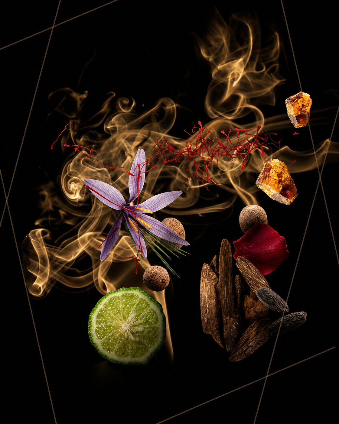 Scent notes of Union of the Stars eau de parfum by AromaMeta — bergamot, orange, rose, saffron, nutmeg, oud, patchouli, amber, musk